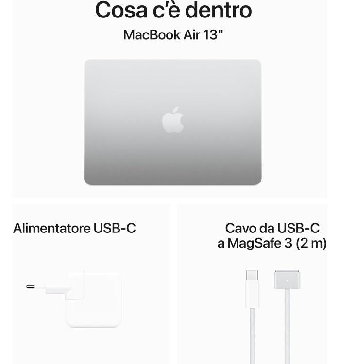 APPLE MACBOOK AIR 15" CHIP M3 (2024) CPU 8-CORE GPU 10-CORE 8GB DI RAM + 256GB SSD GARANZIA 24 APPLE SILVER - TASTIERA ITALIANA