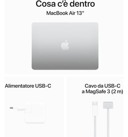 APPLE MACBOOK AIR 13" CHIP M3 (2024) CPU 8-CORE GPU 8-CORE 8GB DI RAM + 256GB SSD GARANZIA 24 APPLE SILVER - TASTIERA ITALIANA