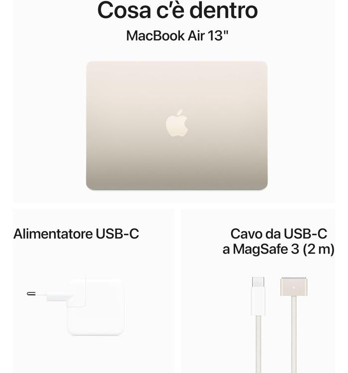 APPLE MACBOOK AIR 13" CHIP M3 (2024) CPU 8-CORE GPU 10-CORE 16GB DI RAM + 512GB SSD GARANZIA 24 APPLE GALASSIA - TASTIERA ITALIANA