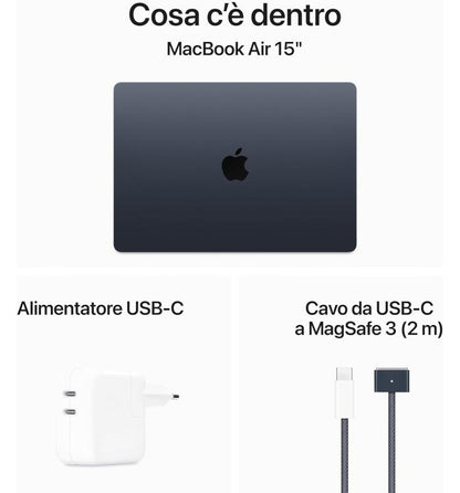 APPLE MACBOOK AIR 15" CHIP M3 (2024) CPU 8-CORE GPU 10-CORE 8GB DI RAM + 512GB SSD GARANZIA 24 APPLE MEZZANOTTE - TASTIERA ITALIANA