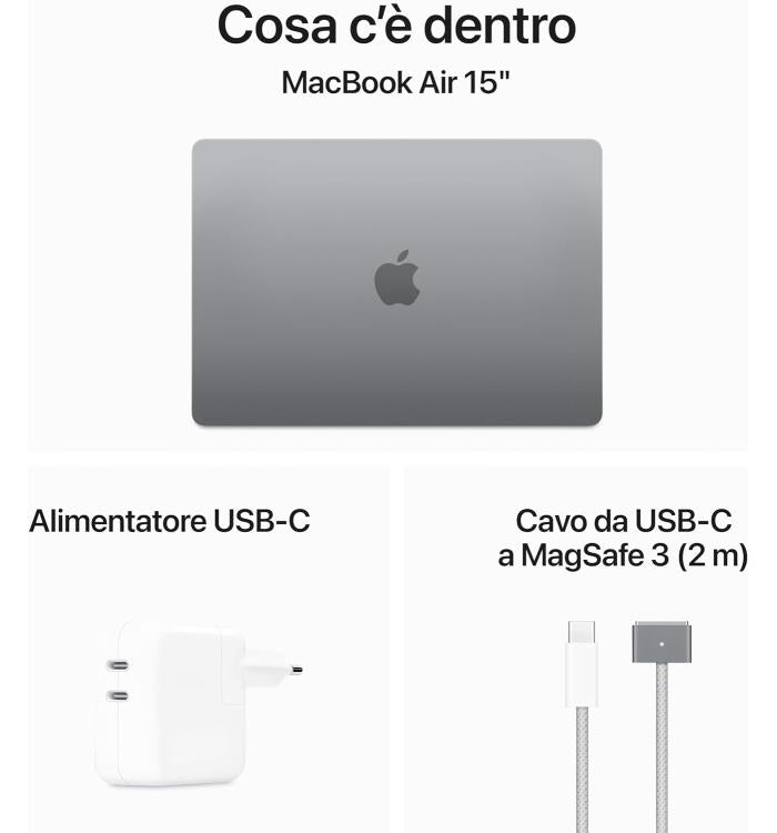 APPLE MACBOOK AIR 15" CHIP M3 (2024) CPU 8-CORE GPU 10-CORE 8GB DI RAM + 512GB SSD GARANZIA 24 APPLE SPACE GRAY - TASTIERA ITALIANA