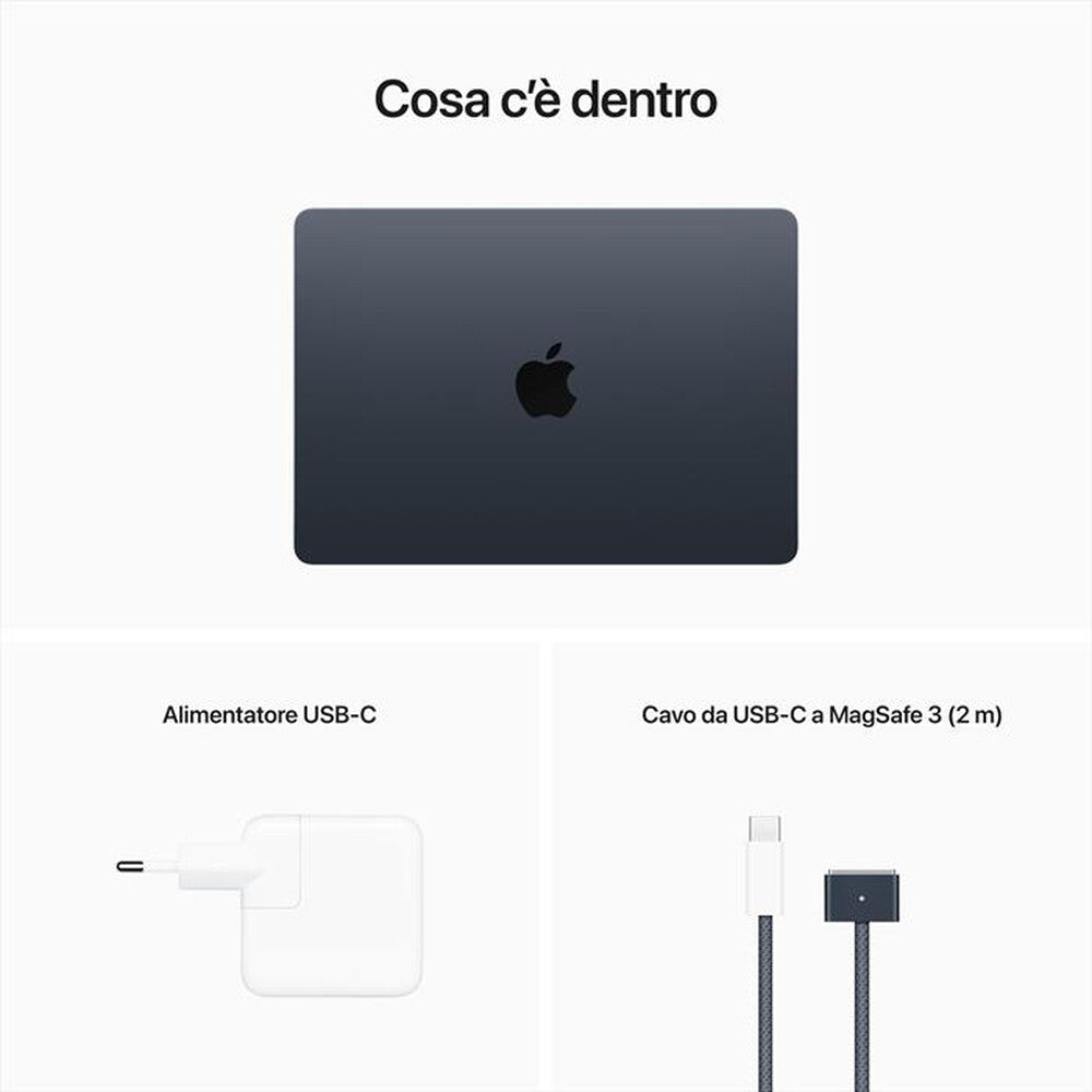 APPLE MACBOOK AIR 13,6", CHIP M2 "2022" CPU 8-CORE GPU 10-CORE 8GB RAM+512GB SSD GARANZIA 24 MESI APPLE MEZZANOTTE - TASTIERA ITALIANA -